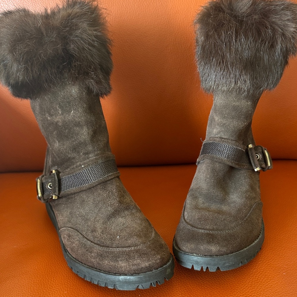 Stuart Weitzman Dark Brown Fur-Trimmed Boots